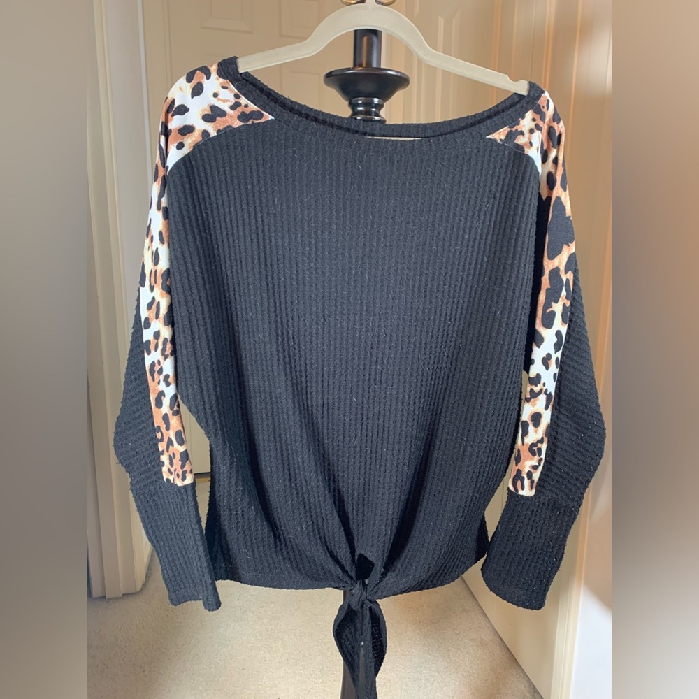 VENUS Black Waffle Knit Top with Animal Print Stripe on Sleeves